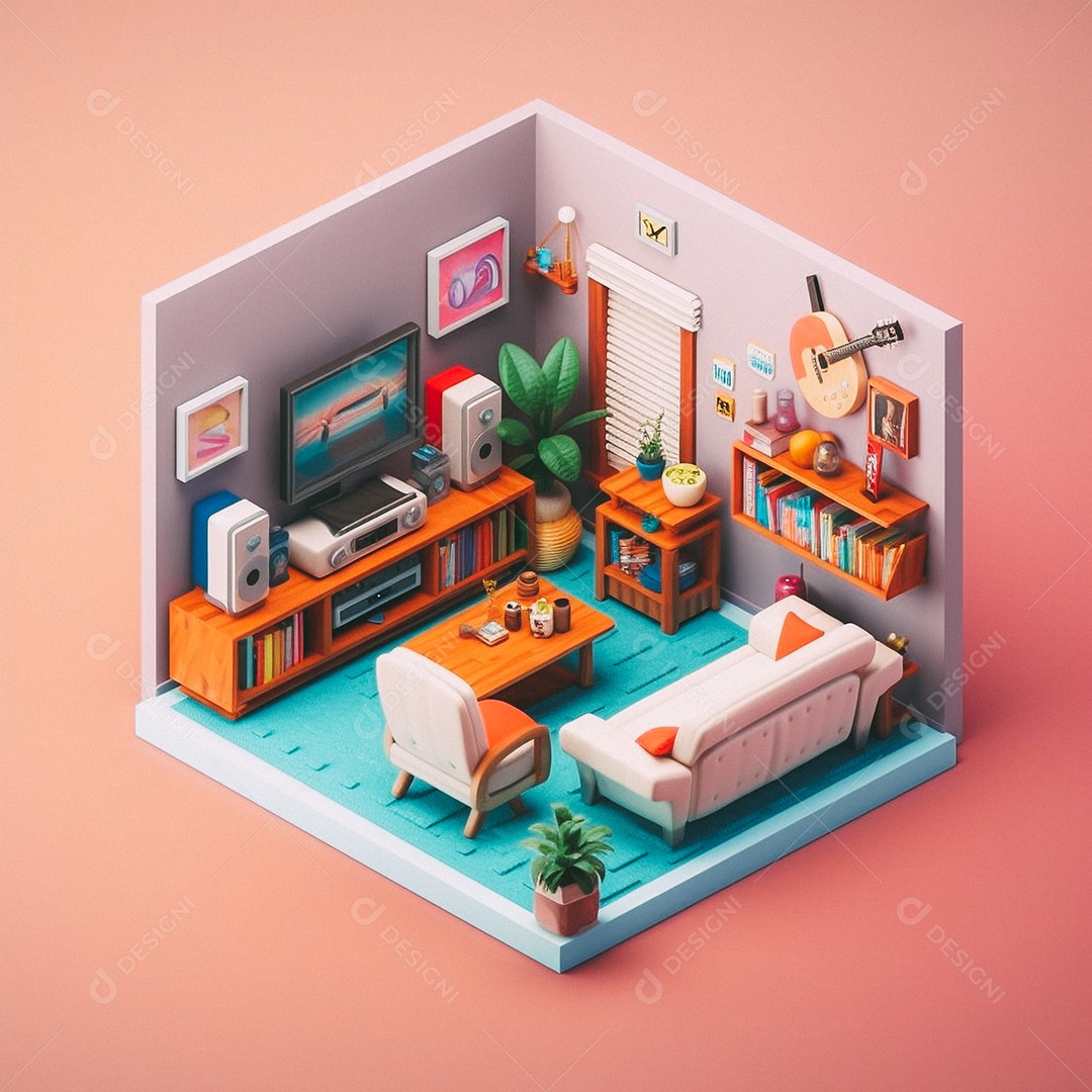 Sala de TV isométrica fofa 3D