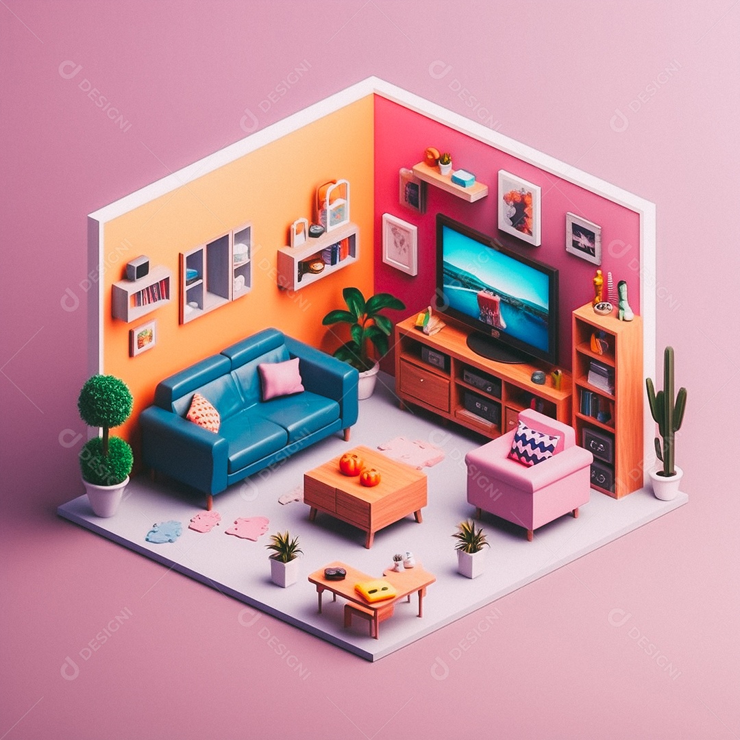 Sala de TV isométrica fofa 3D
