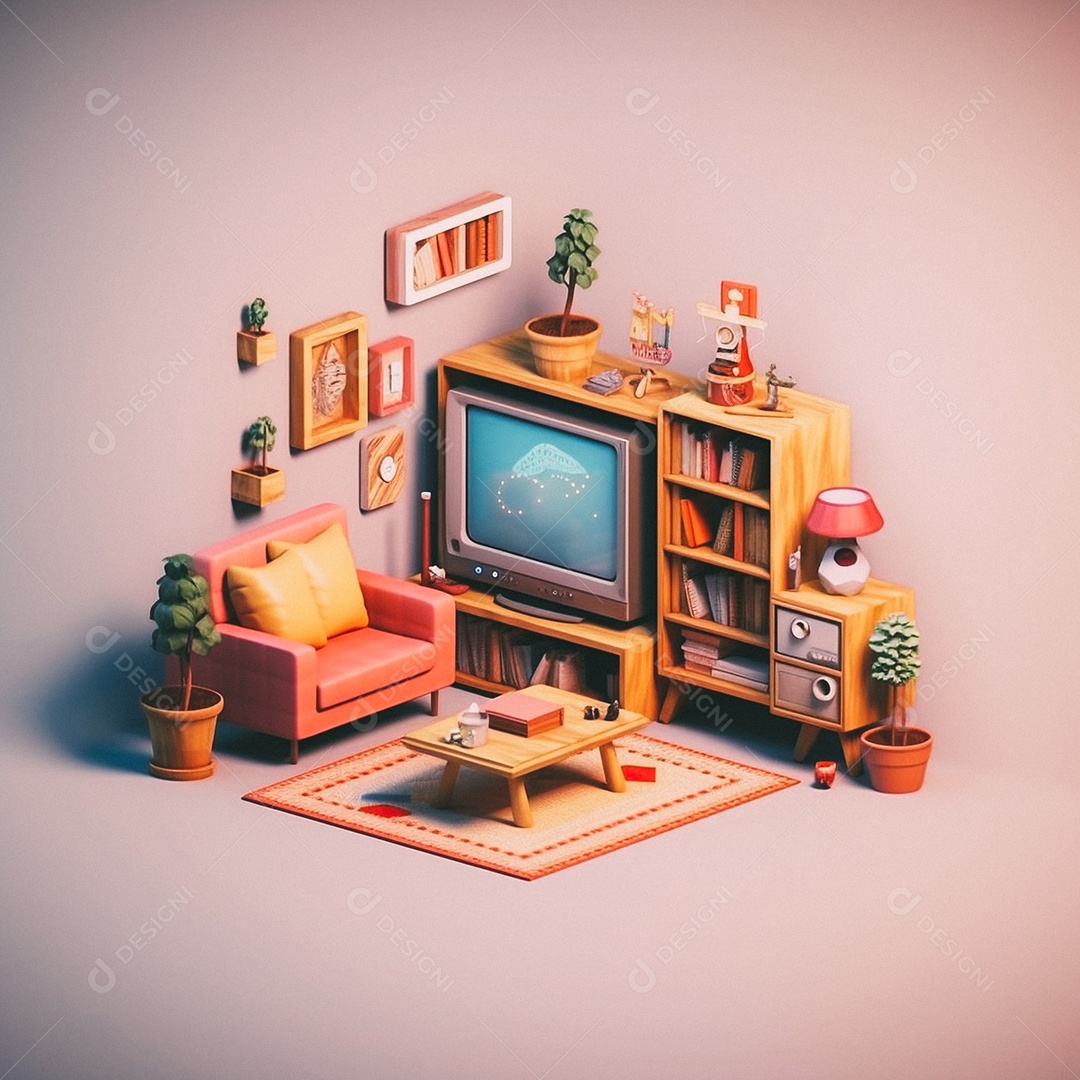 Sala de TV isométrica fofa 3D