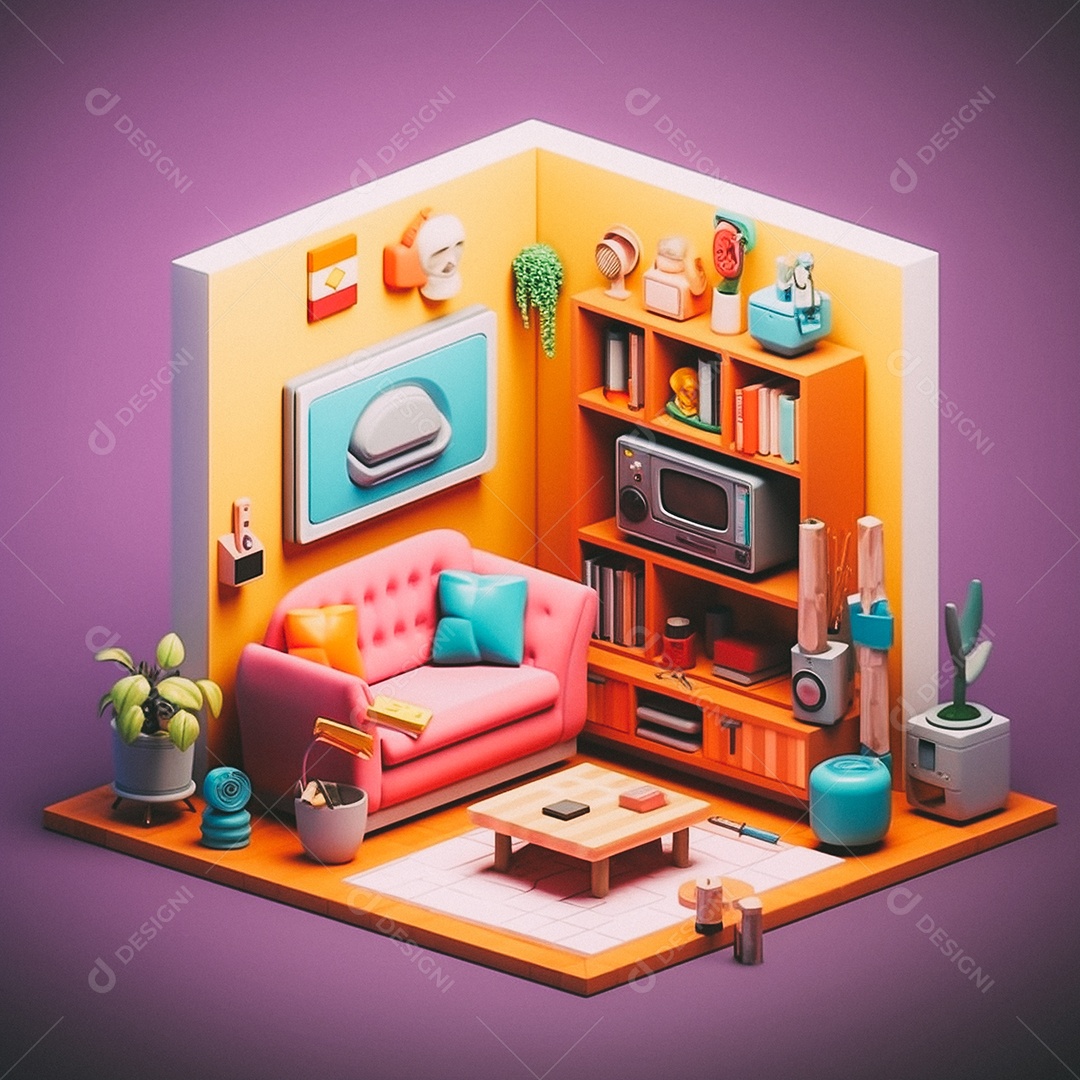 Sala de TV isométrica fofa 3D