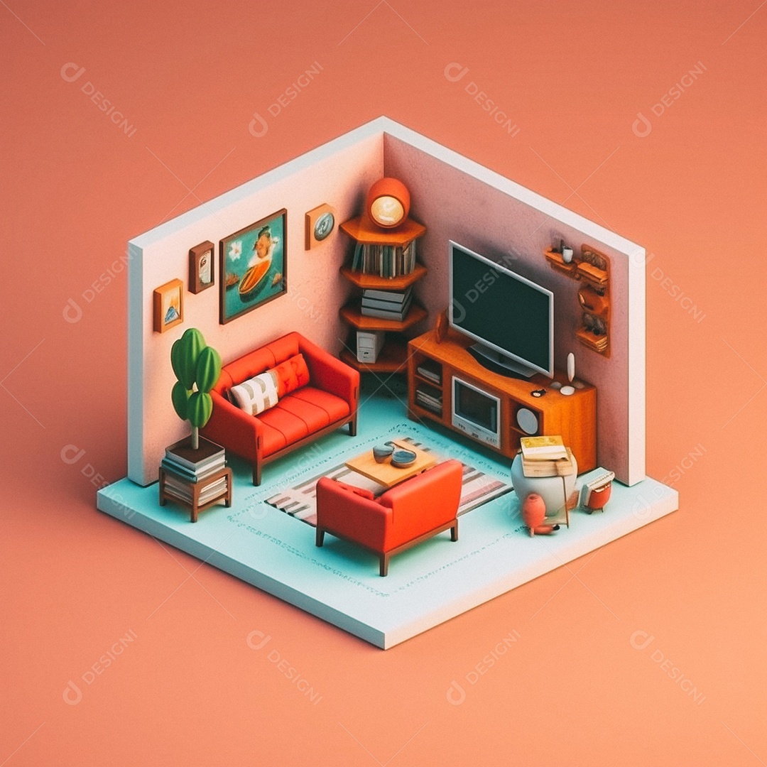 Sala de TV isométrica fofa 3D