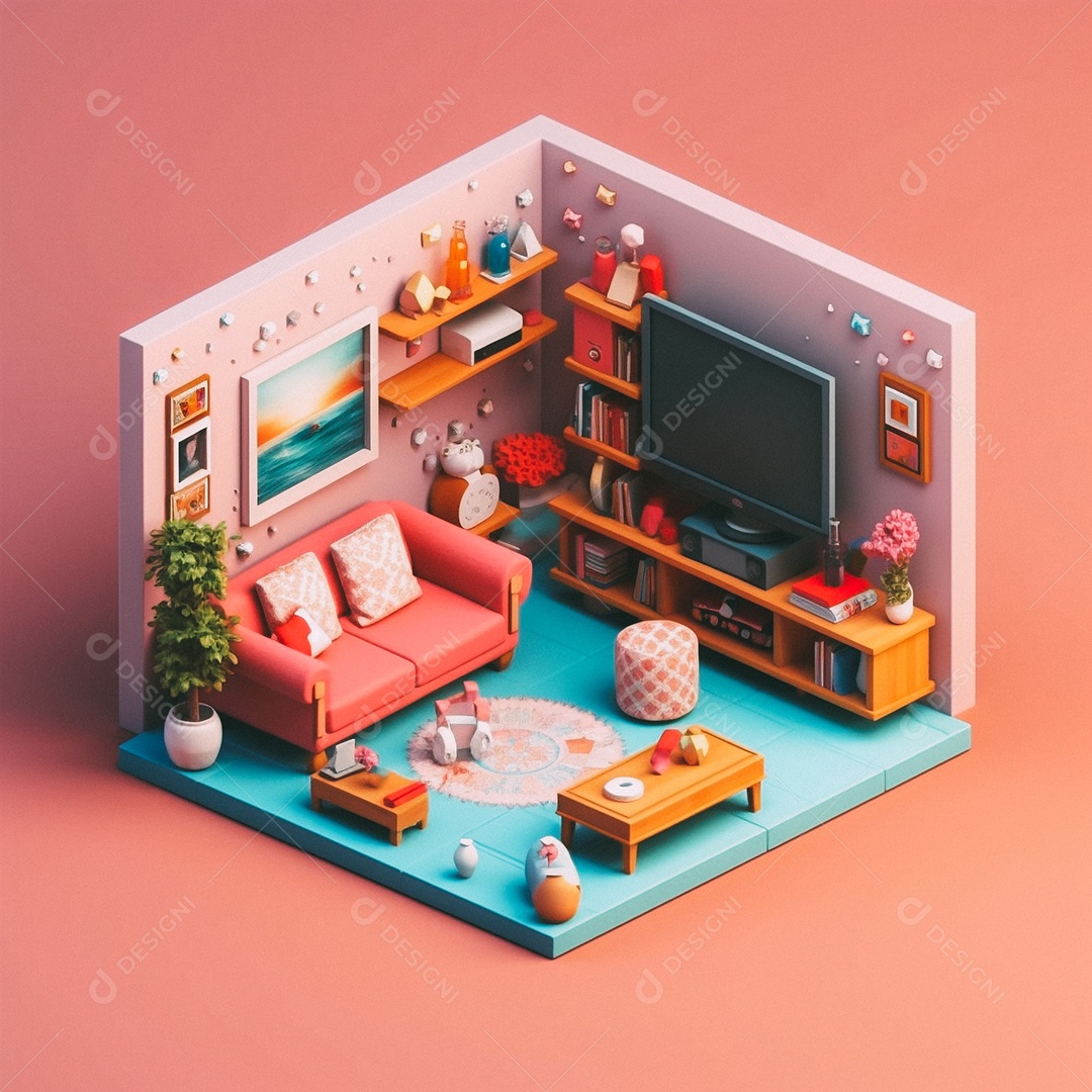 Sala de TV isométrica fofa 3D