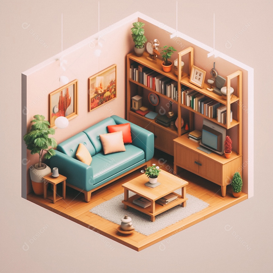Sala de estar isométrica fofa
