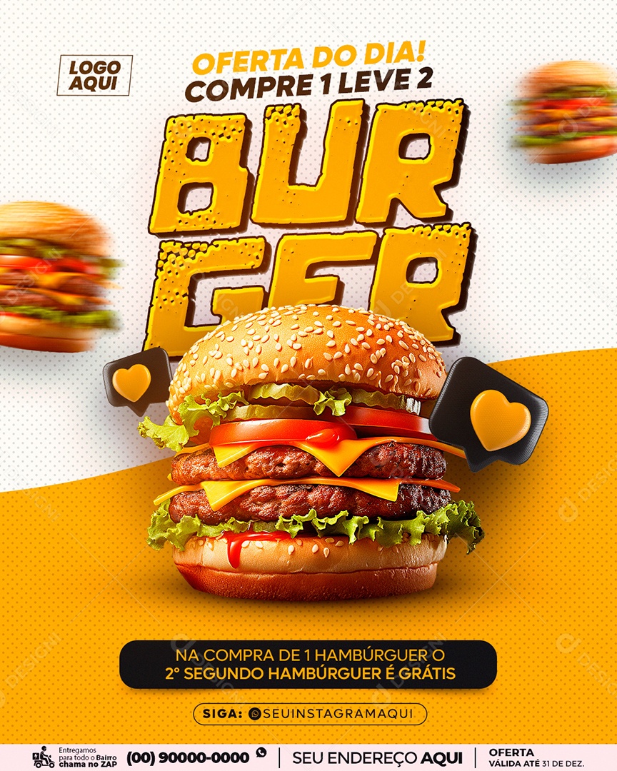 Oferta Do Dia Compre 1 Leve 2 Burger Social Media PSD Editável