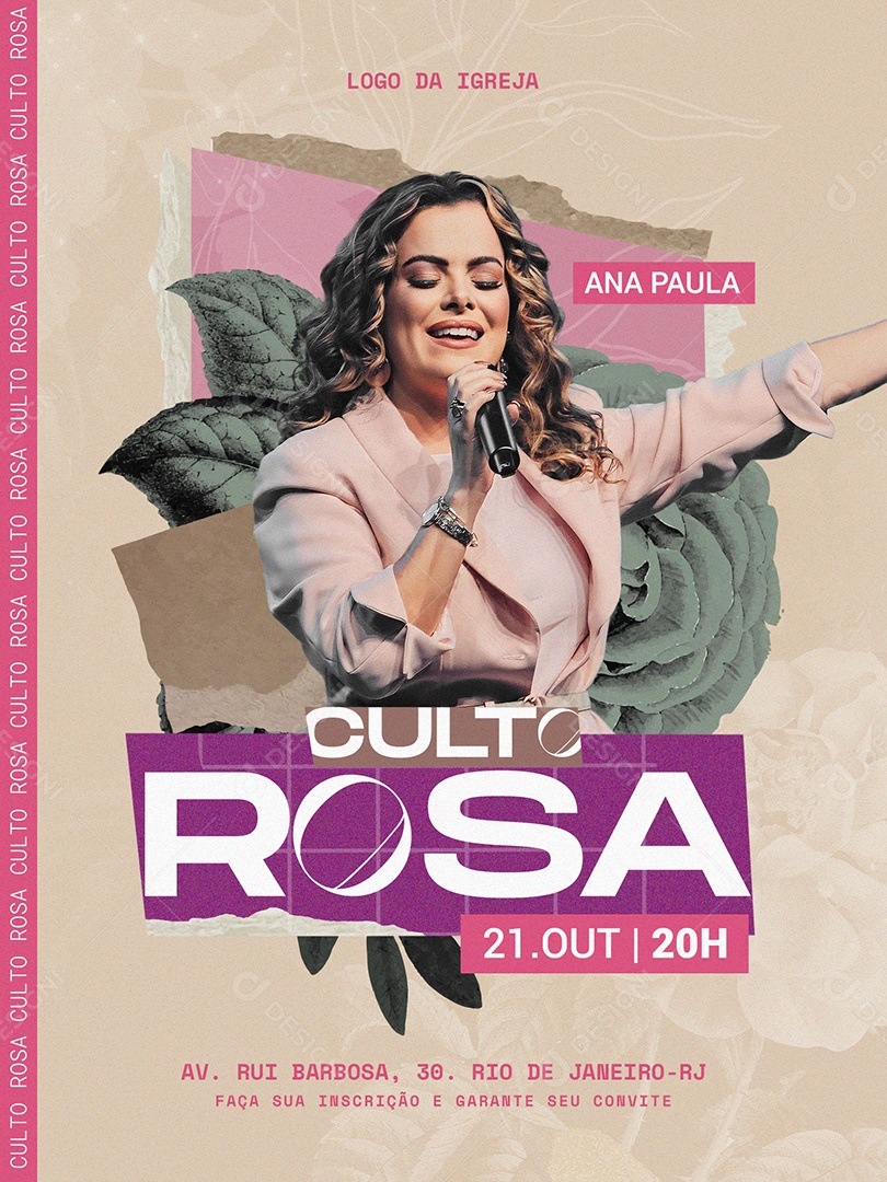 Flyer Culto Rosa Social Media PSD Editável