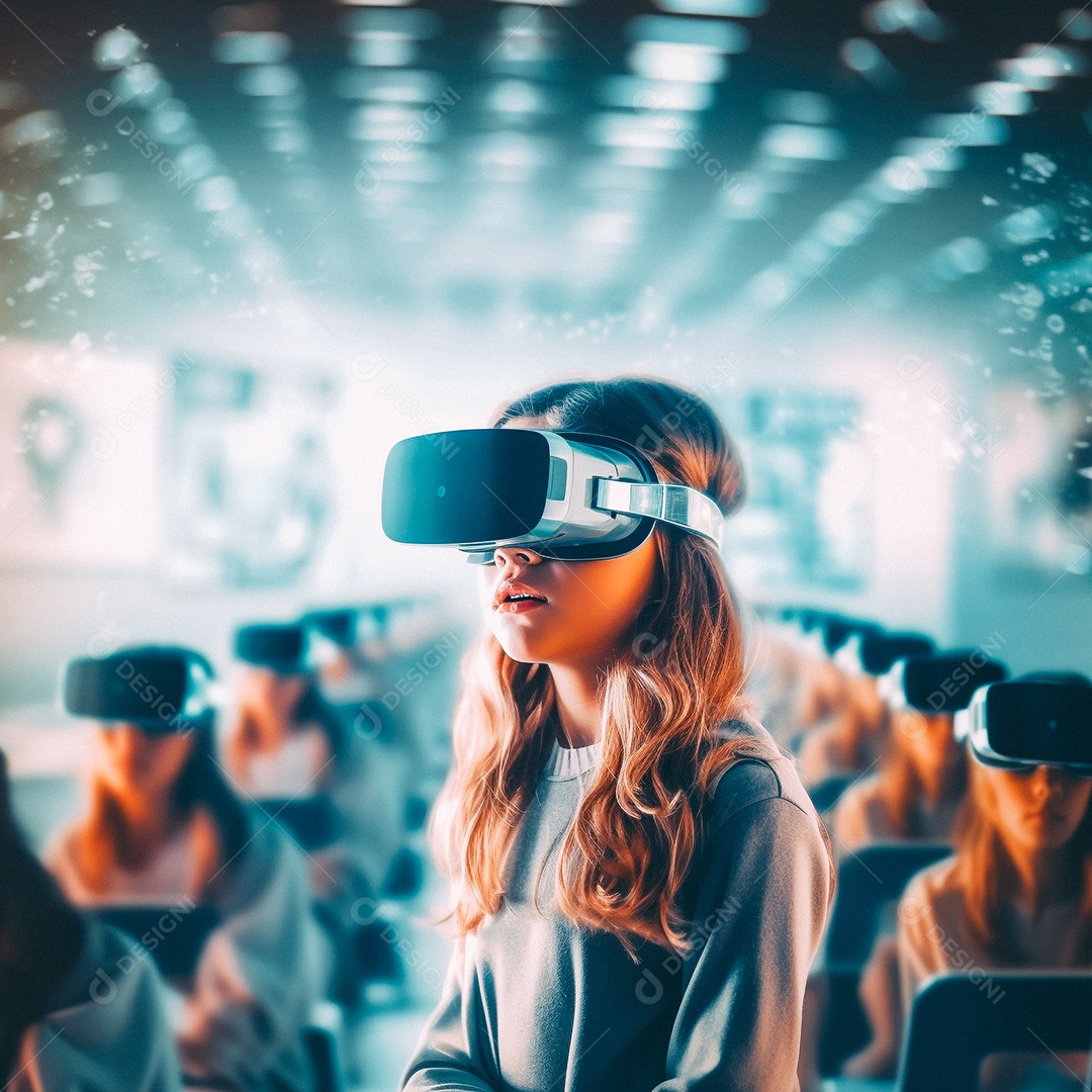 Mulher jovem usando óculos de realidade virtual