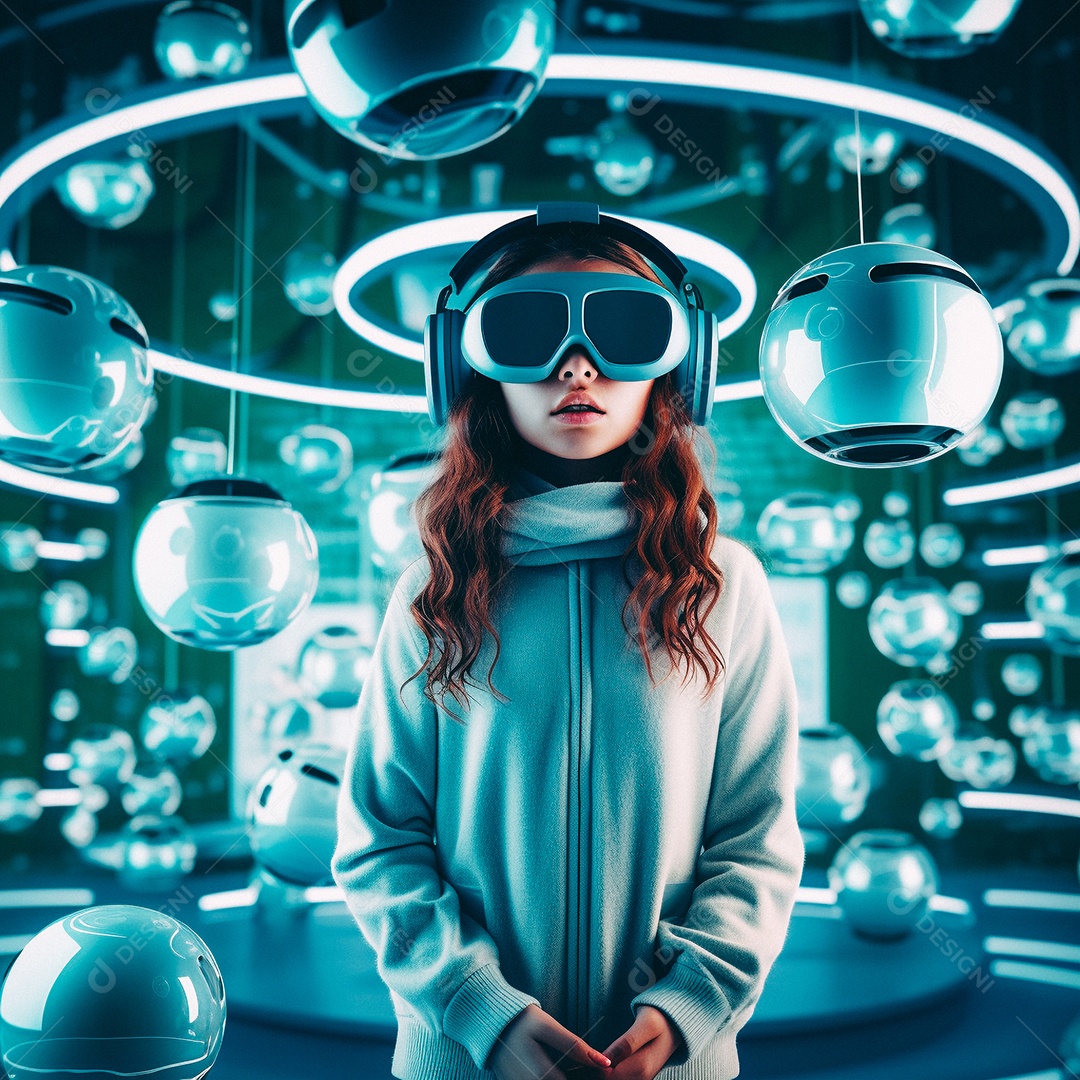 Mulher jovem usando óculos de realidade virtual