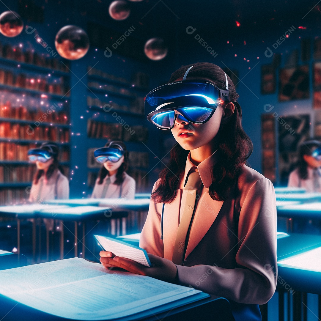 Mulher jovem usando óculos de realidade virtual