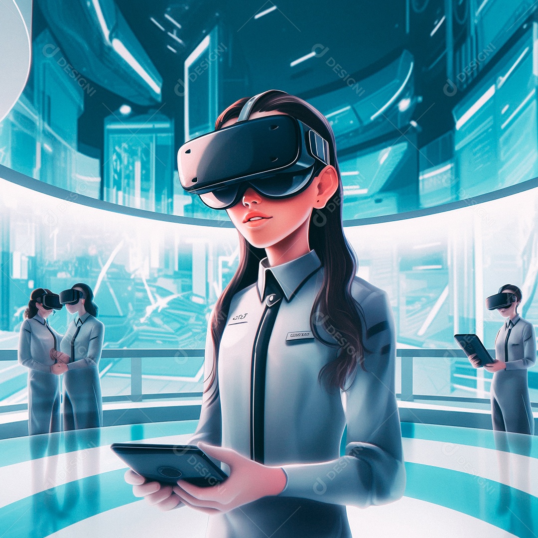 Mulher jovem usando óculos de realidade virtual