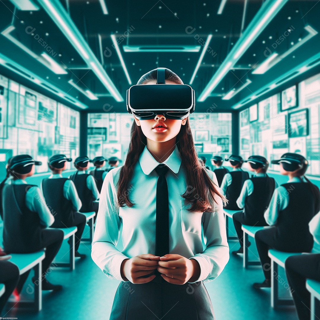 Mulher jovem usando óculos de realidade virtual