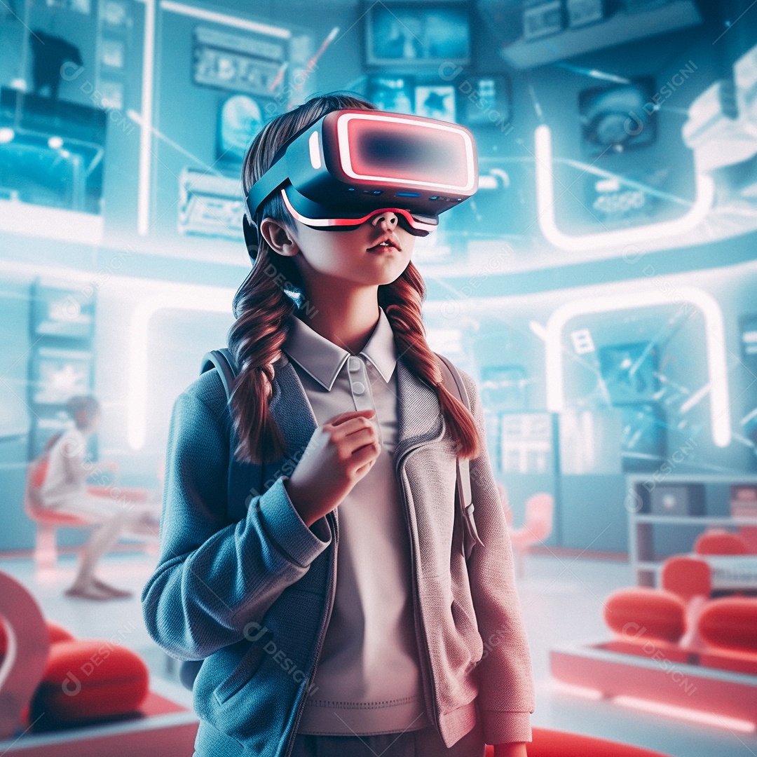 Mulher jovem usando óculos de realidade virtual