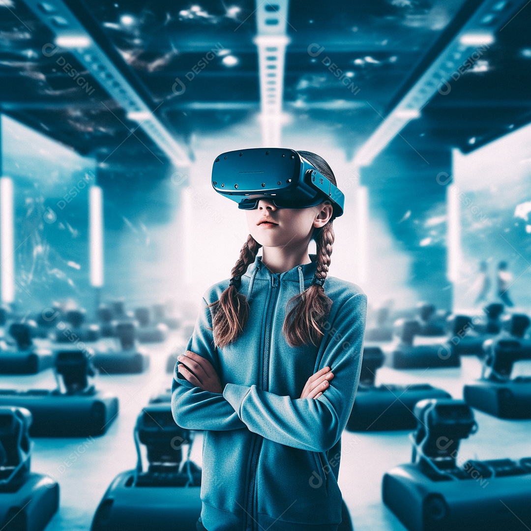 Mulher jovem usando óculos de realidade virtual