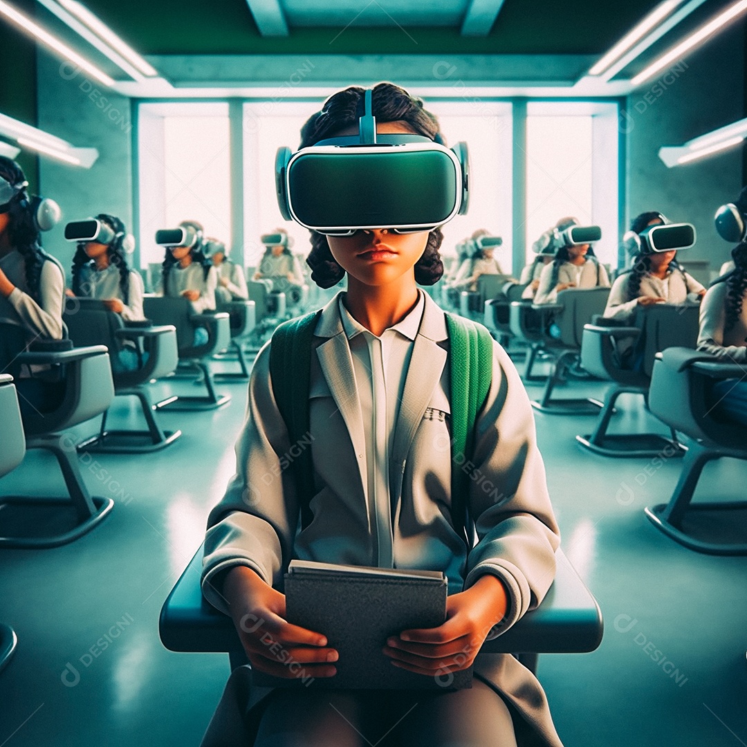 Mulher jovem usando óculos de realidade virtual