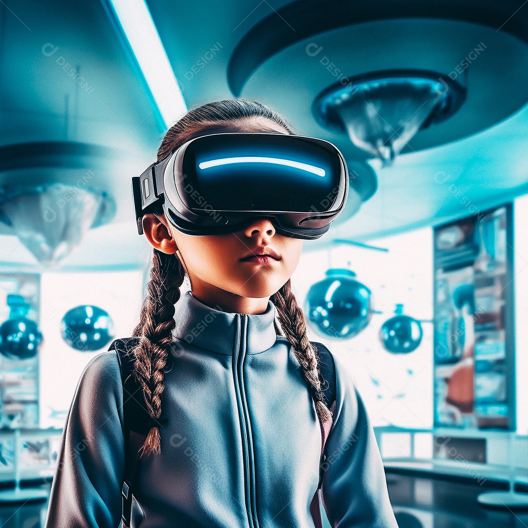 Mulher jovem usando óculos de realidade virtual