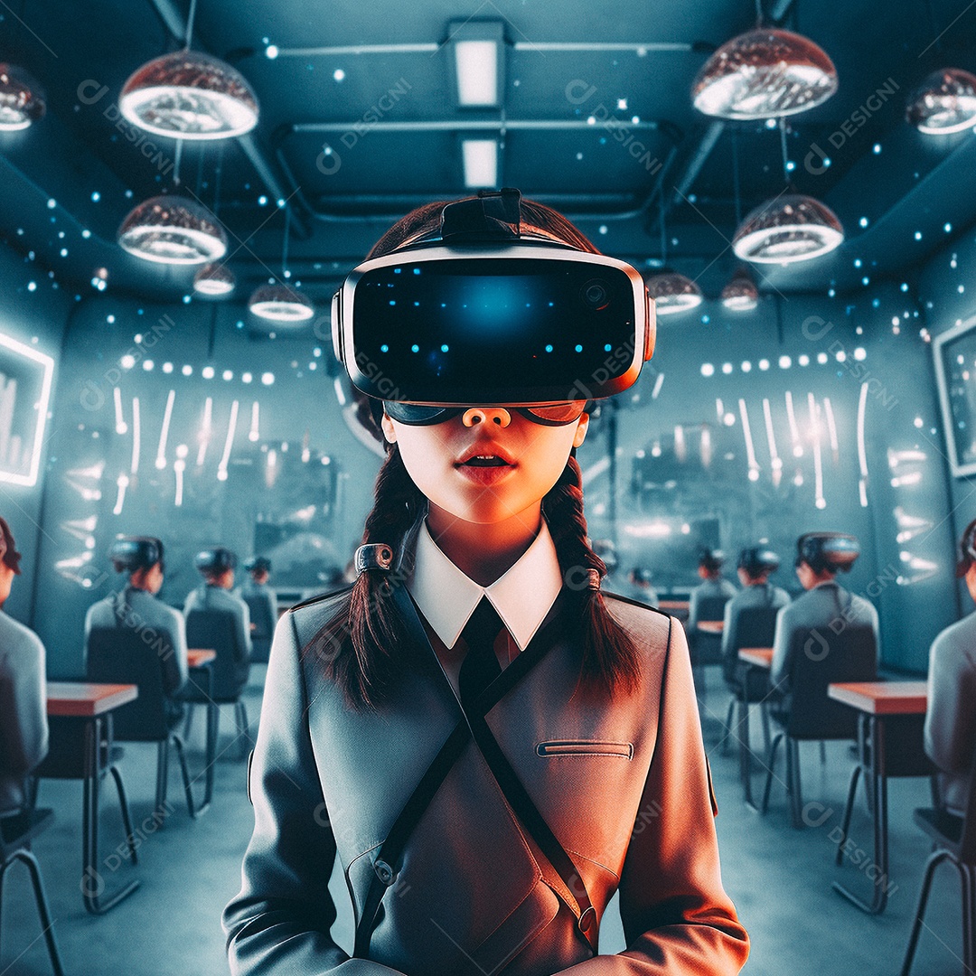 Mulher jovem usando óculos de realidade virtual