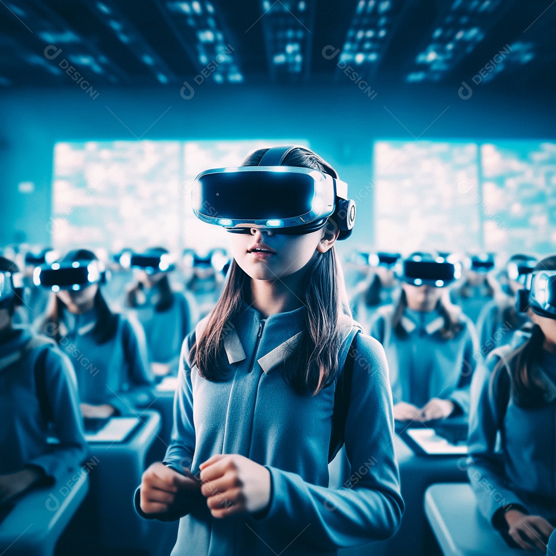 Mulher jovem usando óculos de realidade virtual