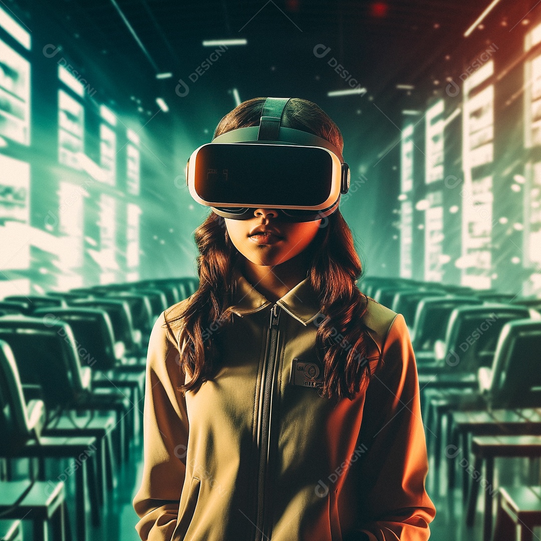 Mulher jovem usando óculos de realidade virtual