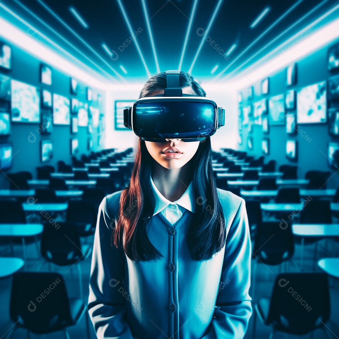 Mulher jovem usando óculos de realidade virtual