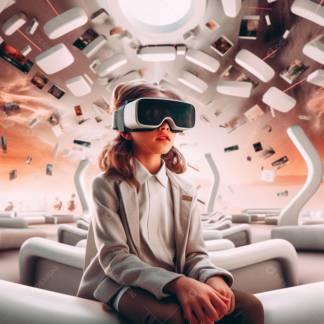 Mulher jovem usando óculos de realidade virtual