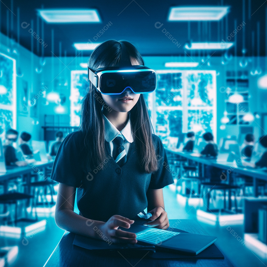 Mulher jovem usando óculos de realidade virtual
