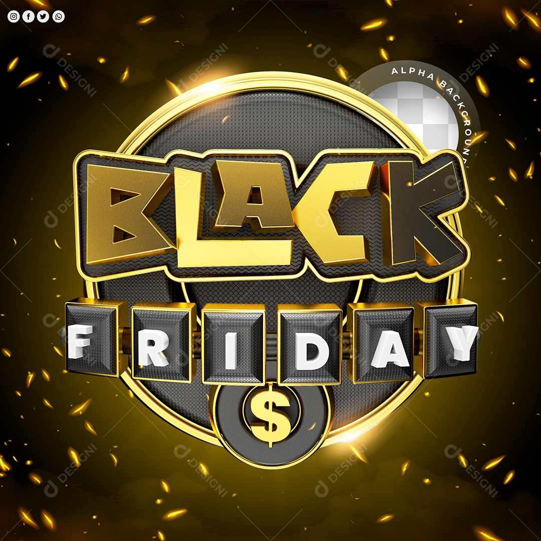 Black Friday Selo 3D Dourado Branco e Preto para Composição PSD