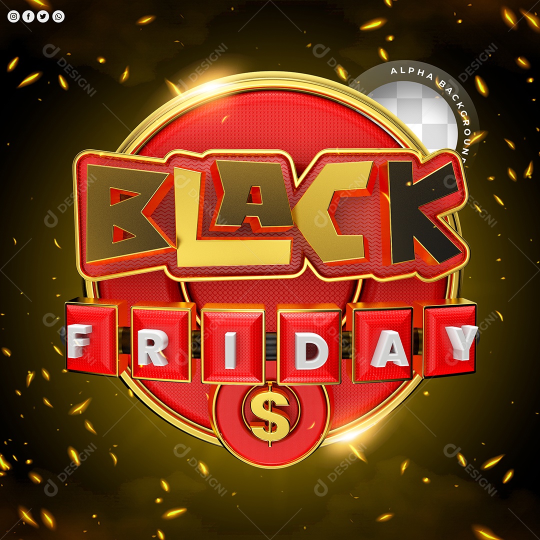 Black Friday Selo 3D Dourado Branco e Vermelho para Composição PSD