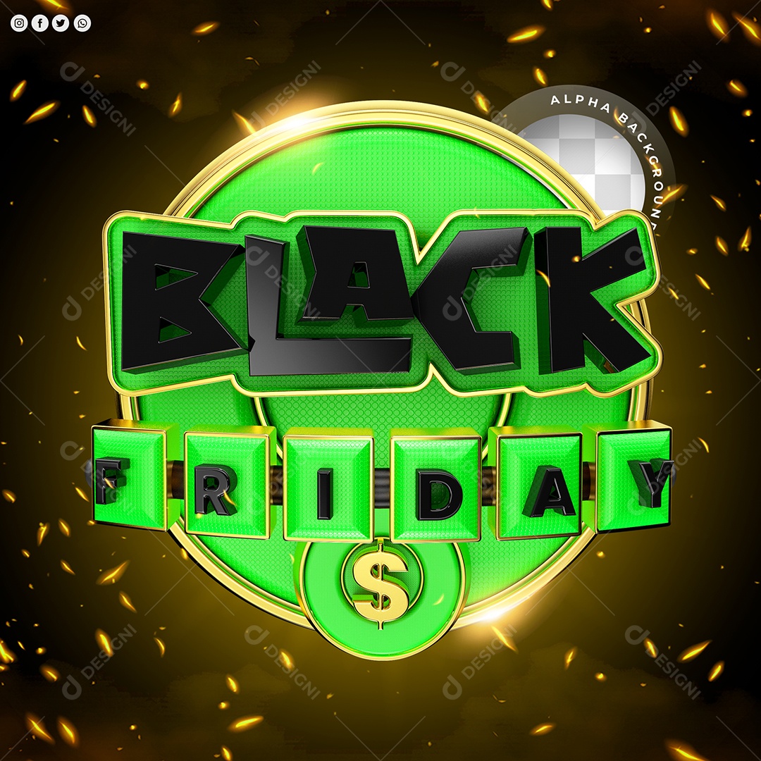 Black Friday Selo 3D Preto e Verde para Composição PSD
