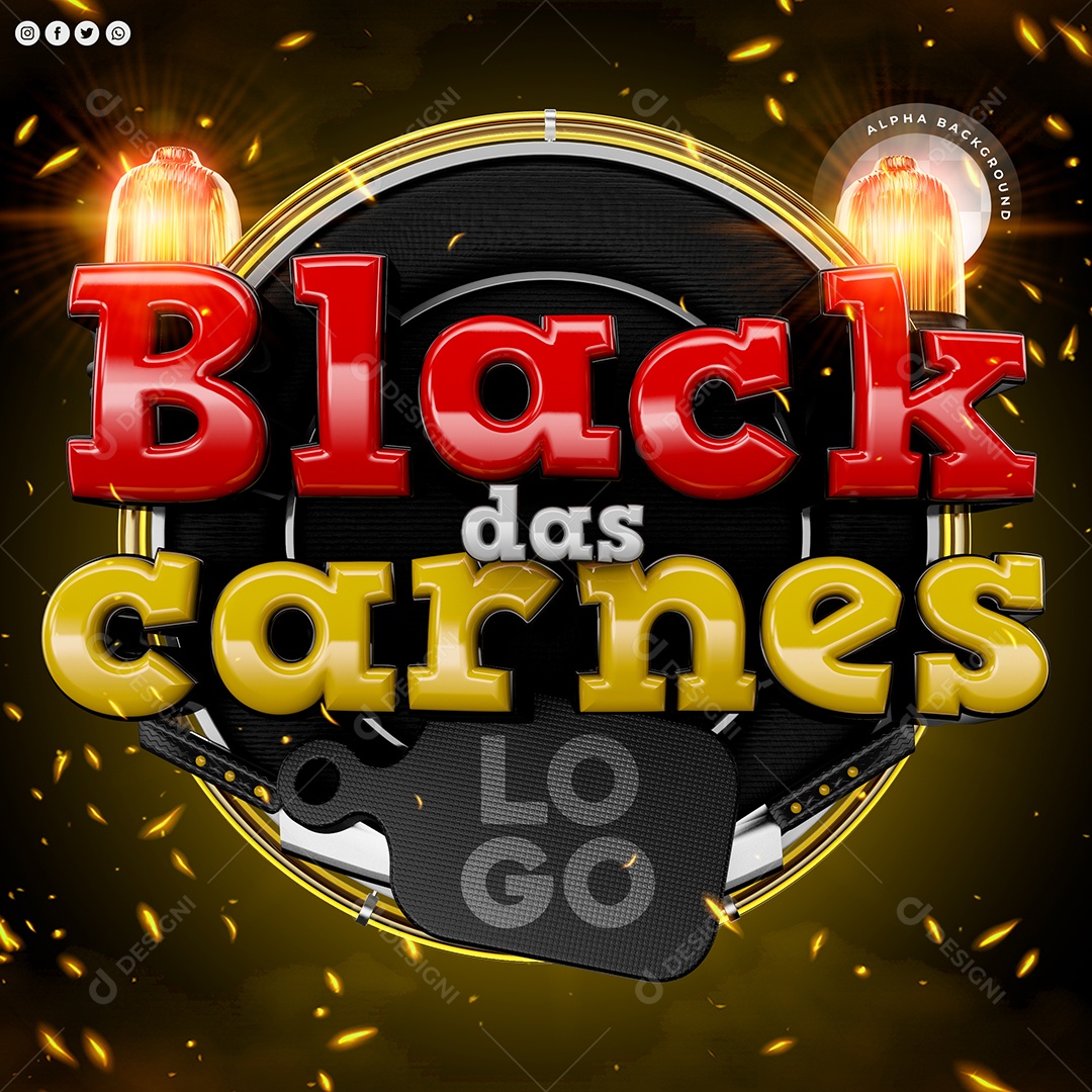 Black das Carnes Selo 3D Vermelho Cinza e Amarelo para Composição PSD