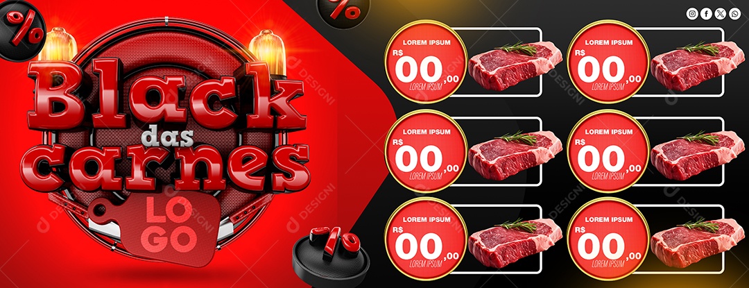 Banner Black das Carnes Açougue Social Media PSD Editável