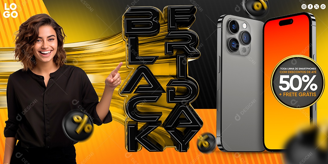 Banner Black Friday Loja de Celulares Toda Linha de Smartphones com Descontos de Até 50% Freta Grátis Social Media PSD Editável