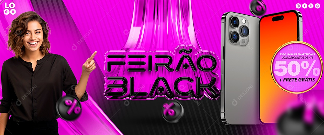 Banner Feirão Black Loja de Celulares Toda Linha de Smartphones com Descontos de Até 50% Freta Grátis Social Media PSD Editável