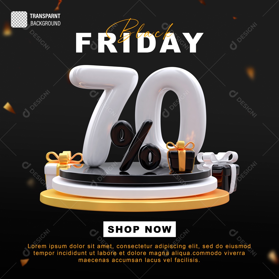 Black Friday Número 70% Elemento 3D para Composição PSD