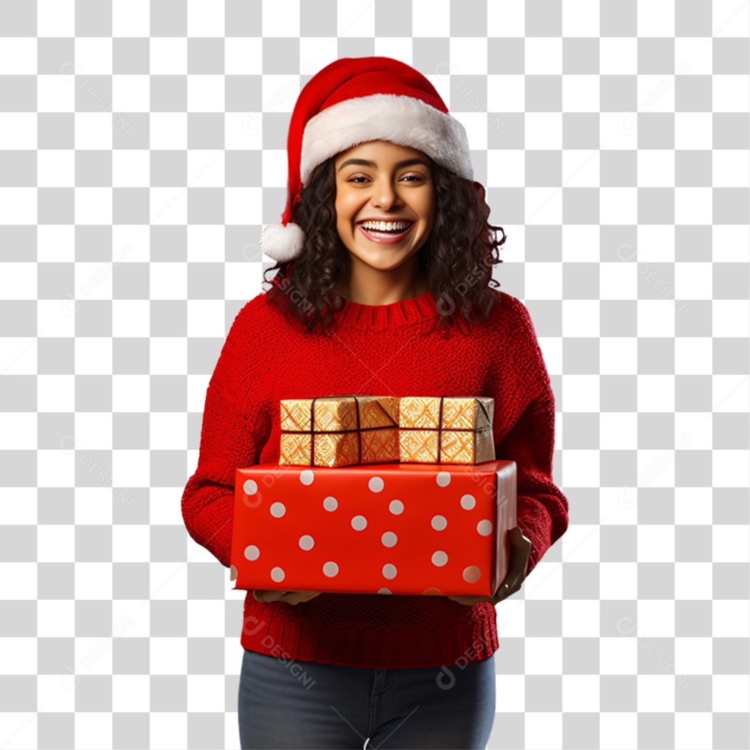 Mulher com Presentes Vestida Para o Natal PNG Transparente