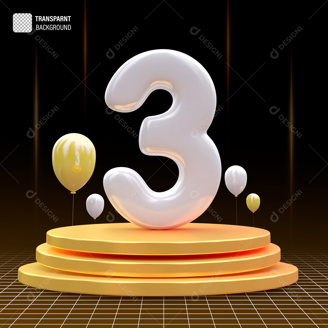 Número 3 Branco Elemento 3D para Composição PSD
