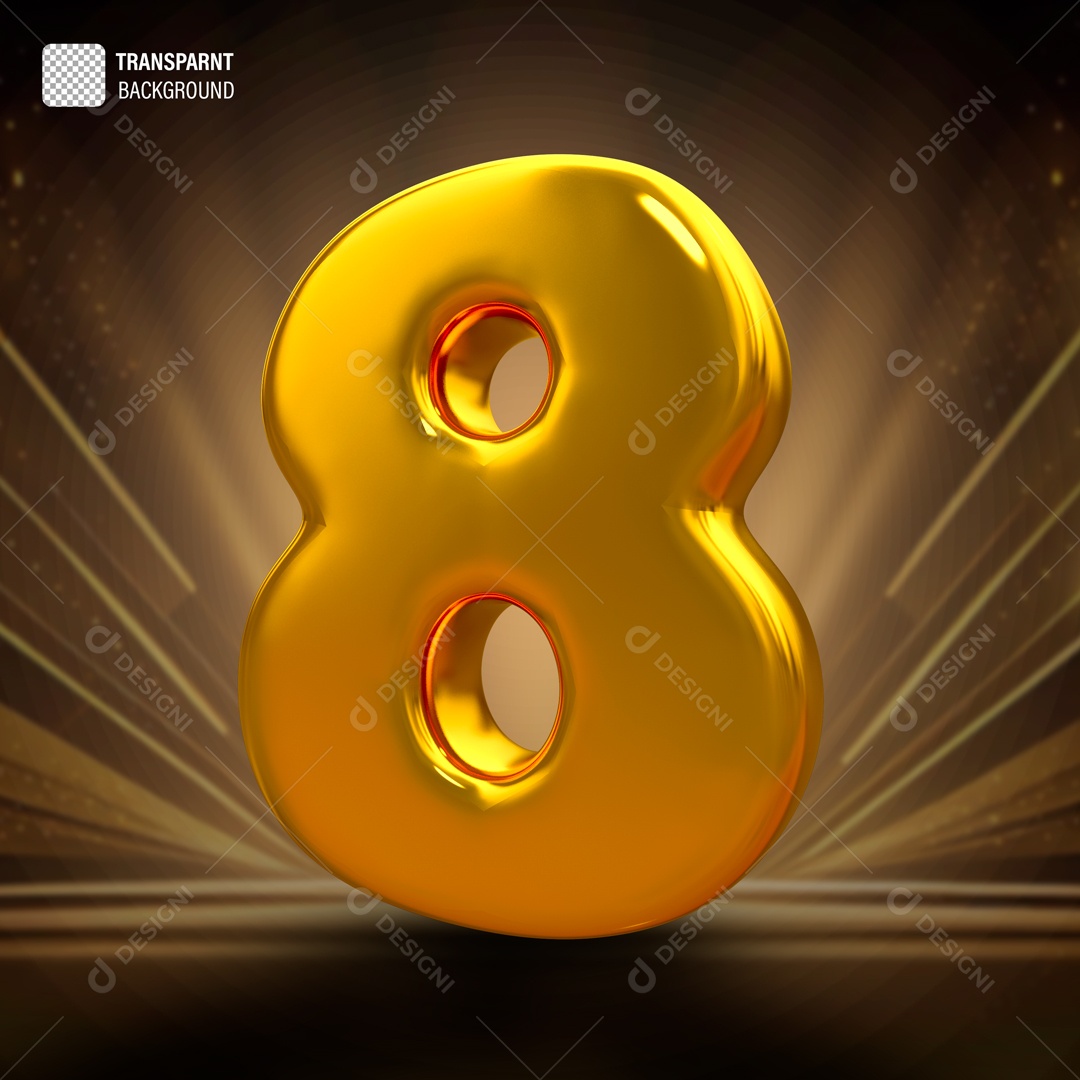 Número 8 Dourado Elemento 3D para Composição PSD