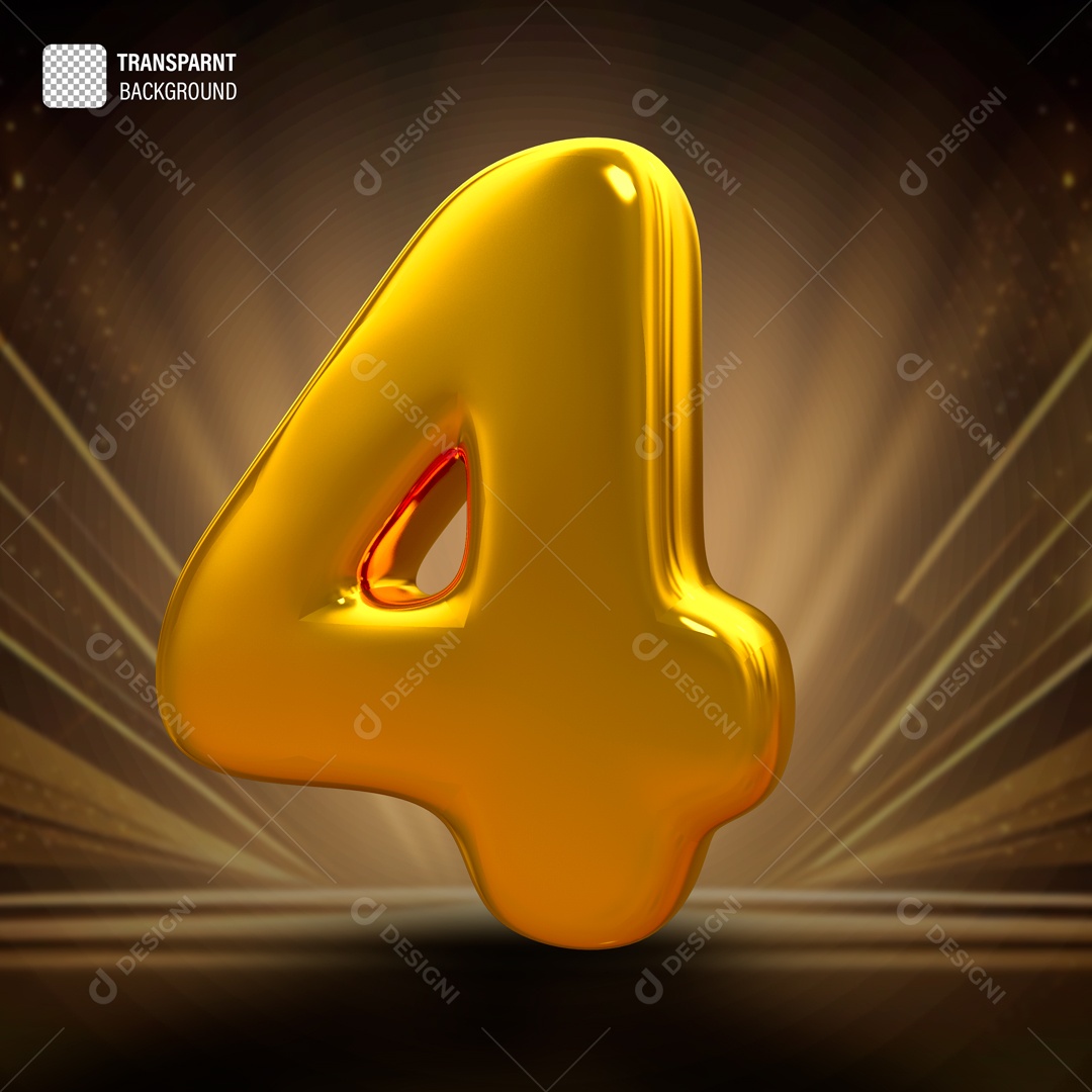 Número 4 Dourado Elemento 3D para Composição PSD