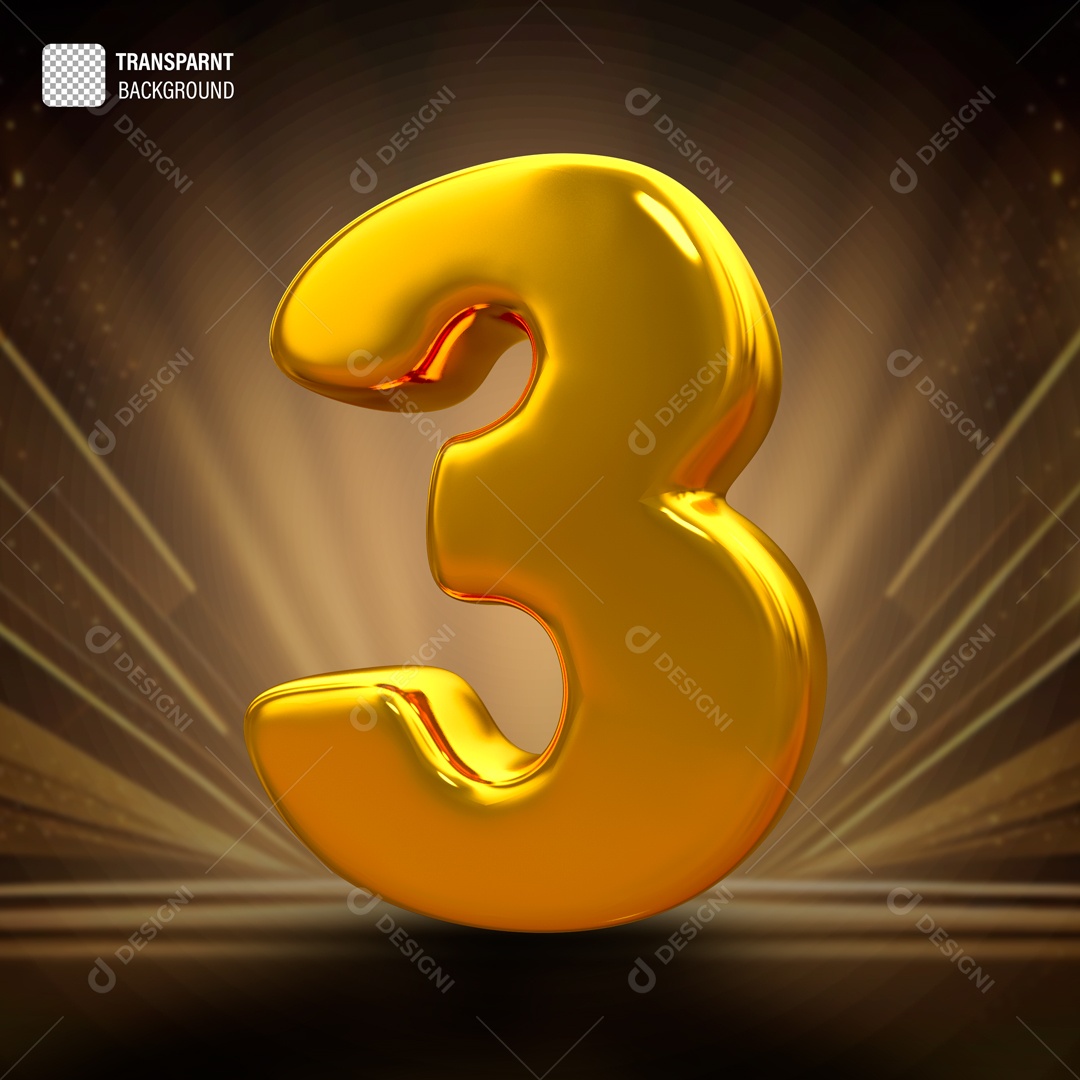 Número 3 Dourado Elemento 3D para Composição PSD