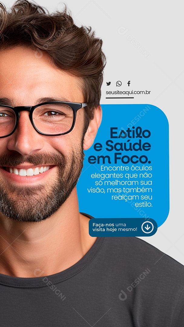 Story Ótica Estilo e Saúde em Foco Encontre Óculos Elegantes Faça nos uma Visita Hoje Mesmo Social Media PSD Editável