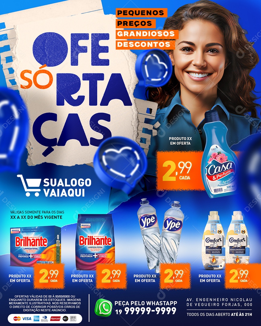 Tabloide Só Ofertas Pequenos Preços Grandiosos Descontos Produtos de Limpeza Supermercado Social Media PSD Editável