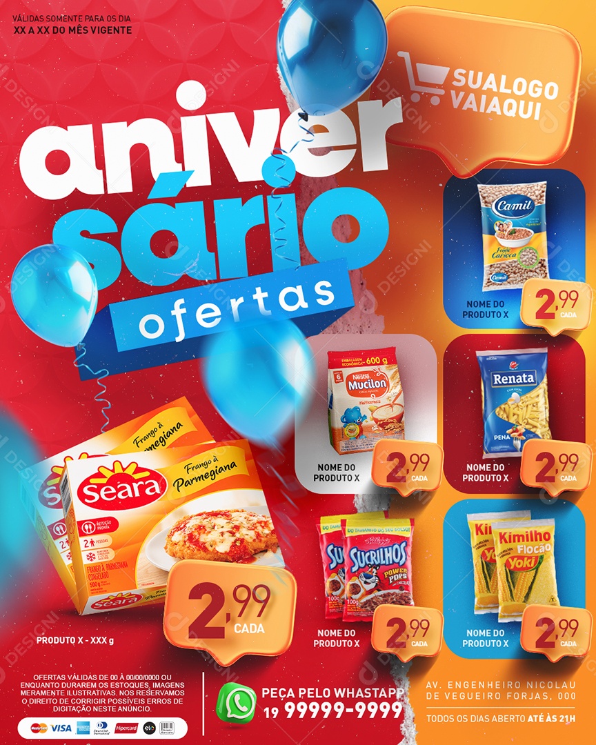 Tabloide Aniversário Ofertas Produtos Feijão Macarrão Flocão de Milho Supermercado Social Media PSD Editável