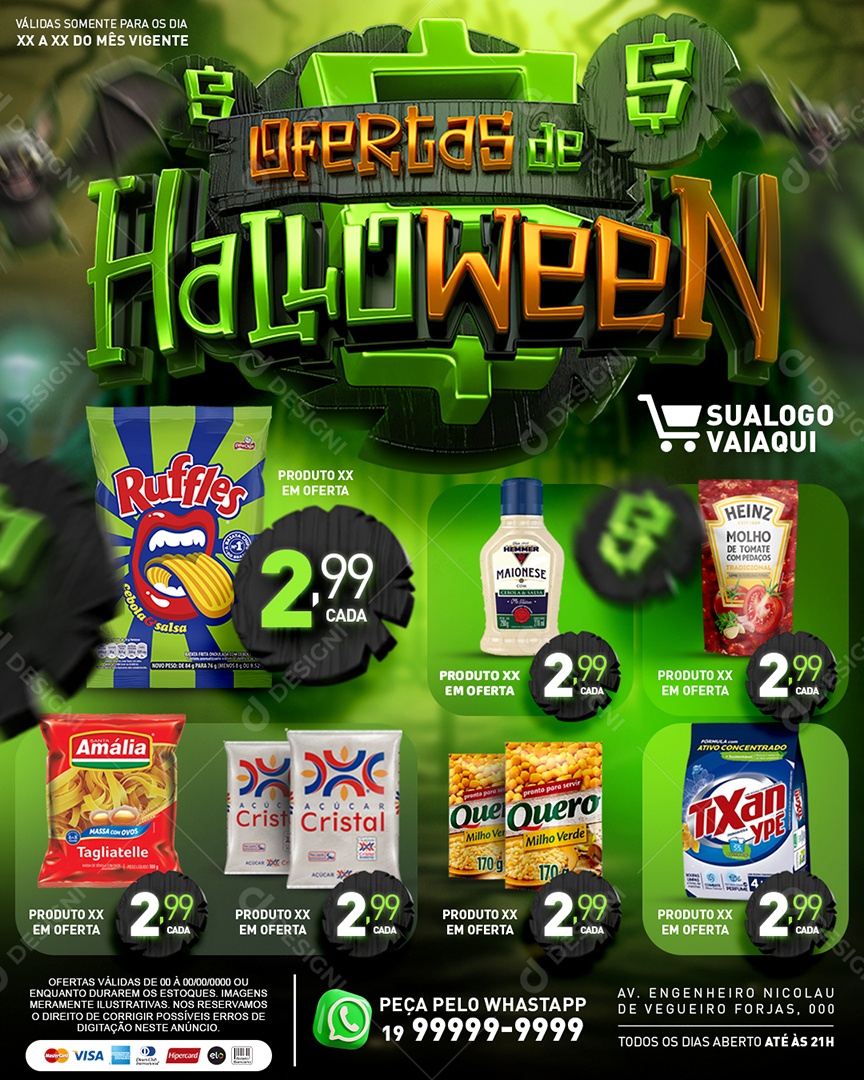Tabloide Ofertas de Halloween Produtos Maionese Açúcar Cristal Molho de Tomate Supermercado Social Media PSD Editável