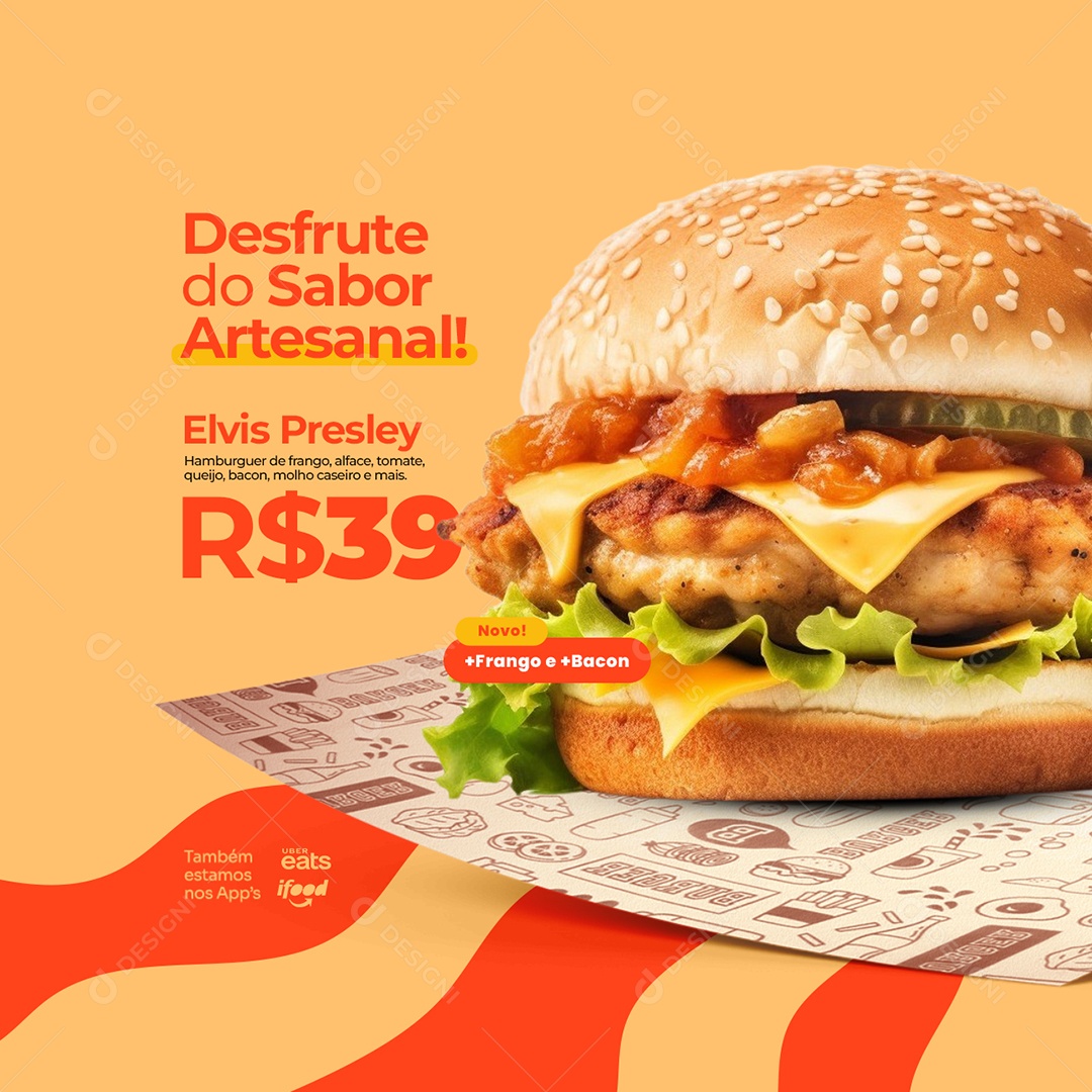 Hamburgueria Desfrute do Sabor Artesanal Elvis Presley Frango e Bacon Social Media PSD Editável