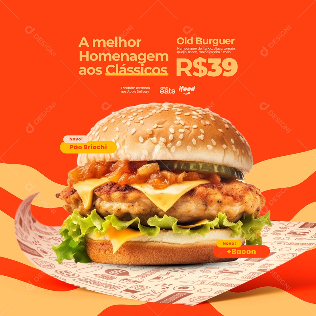 Hamburgueria A Melhor Homenagem aos Clássicos Old Burguer Pão Briochi Social Media PSD Editável