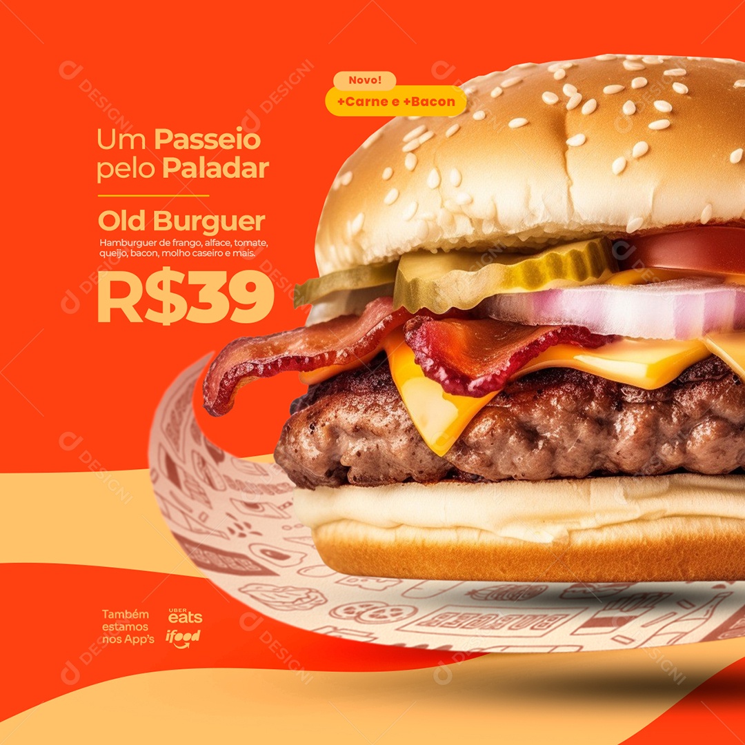 Hamburgueria Um Passeio pelo Paladar Old Burguer Carne e Bacon Social Media PSD Editável