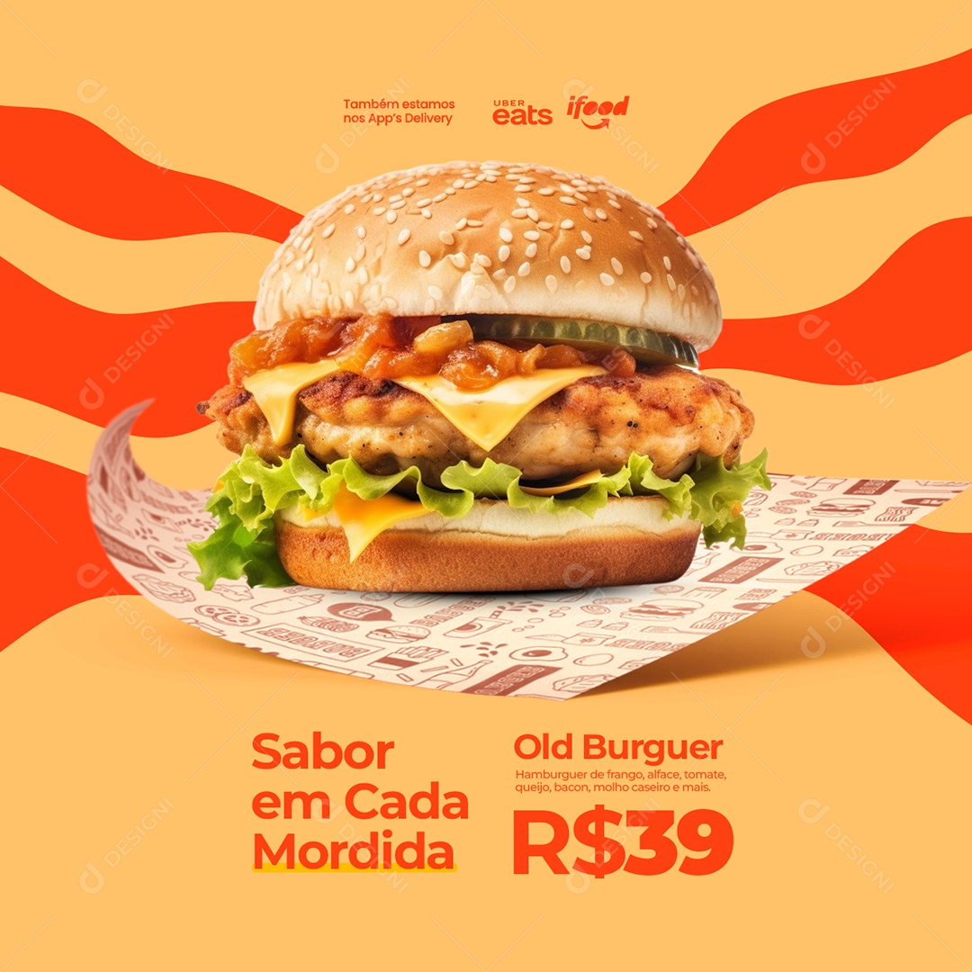 Hamburgueria Sabor em Cada Mordida Old Burguer Social Media PSD Editável