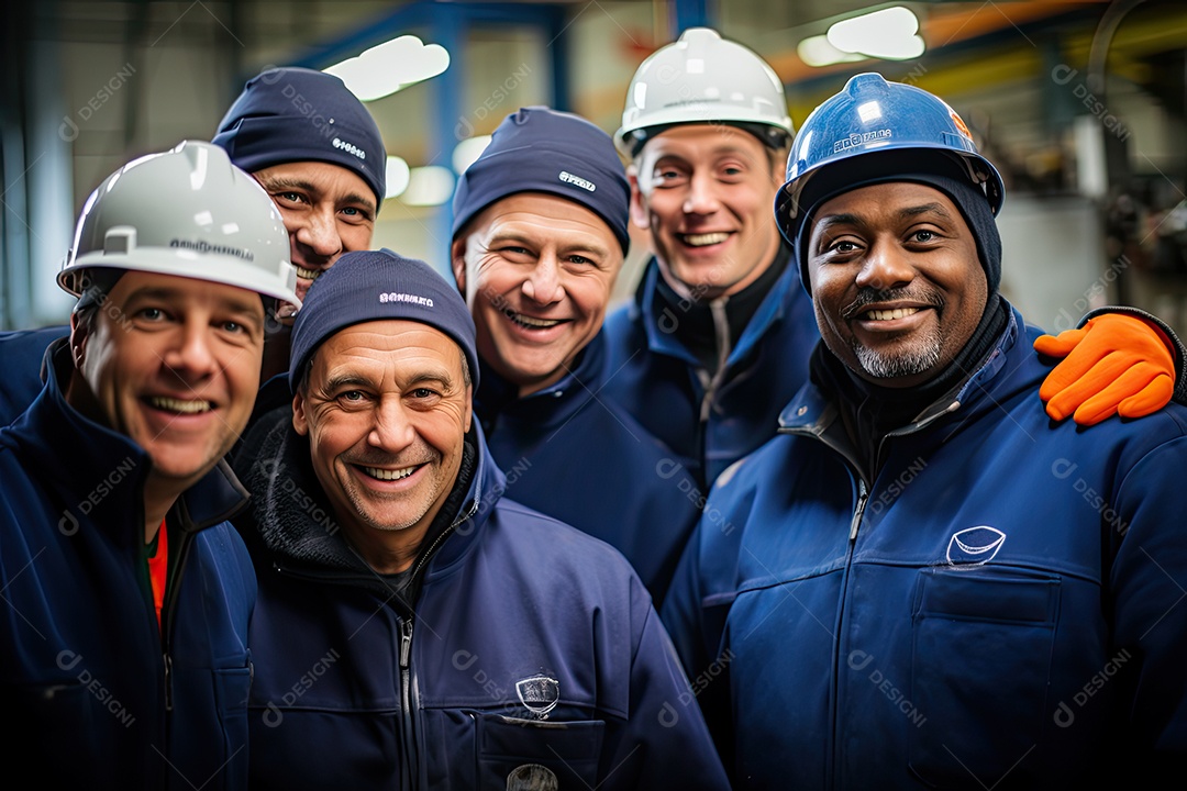 Trabalhadores da construção civil felizes juntos na fábrica na linha de produção