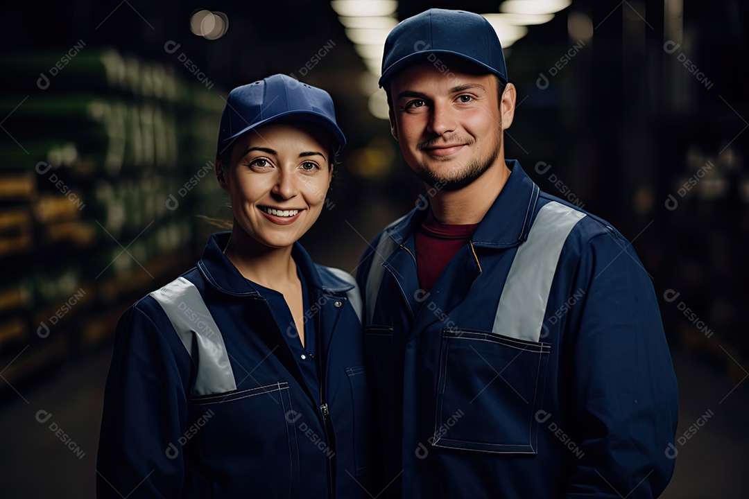 Trabalhadores de fábrica vestindo uniformes e em pé