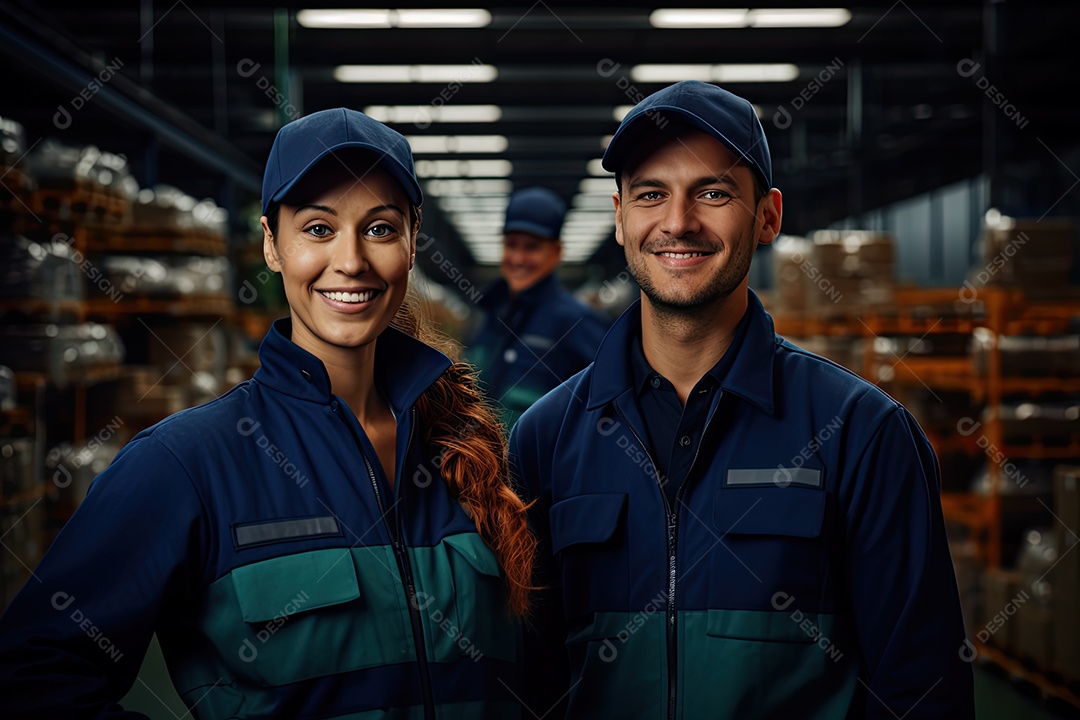 Trabalhadores de fábrica vestindo uniformes e em pé