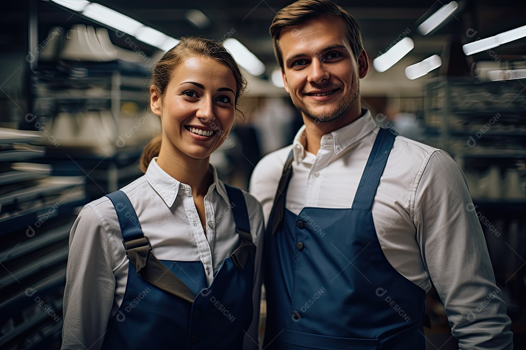 Trabalhadores de fábrica vestindo uniformes e em pé