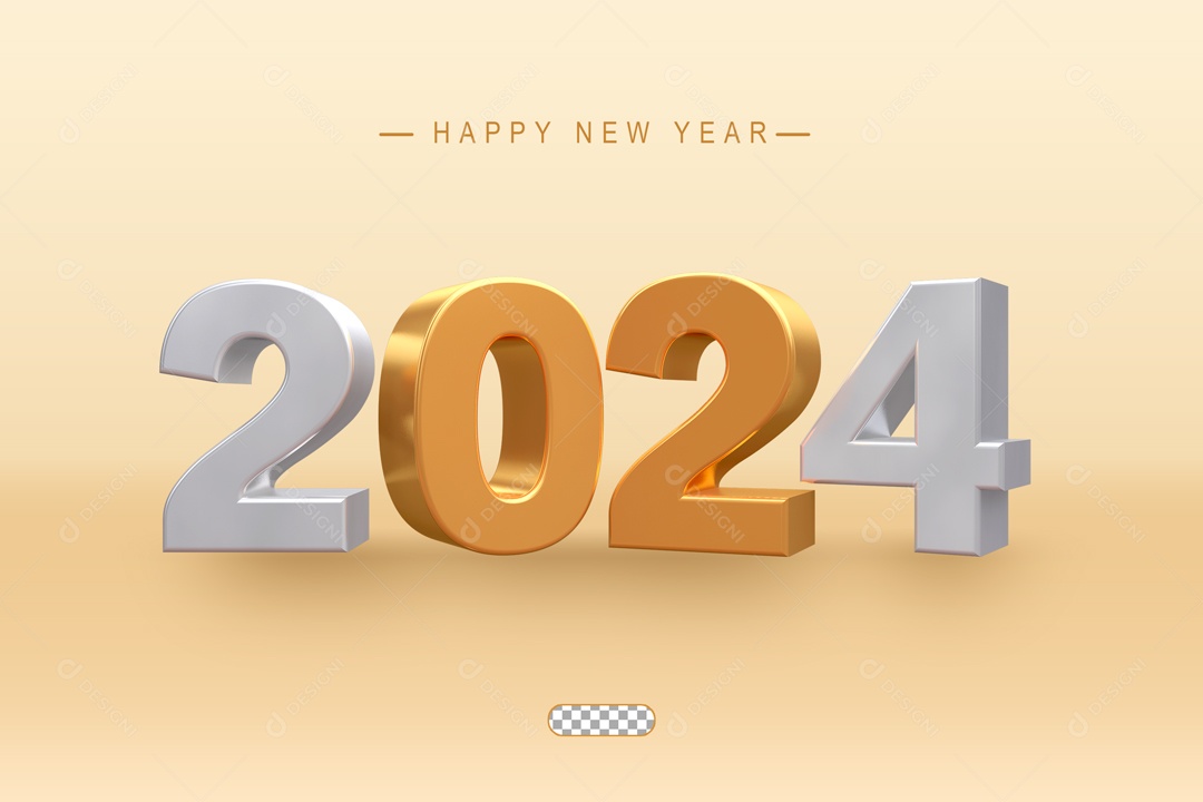 Ano Novo  Número 2024 Branco Dourado Elemento 3D para Composição PSD